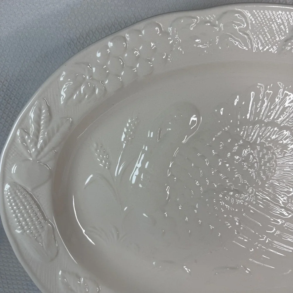 Vintage White Embossed Turkey Harvest Ceramic Oval Serving Platter Made in Japan
